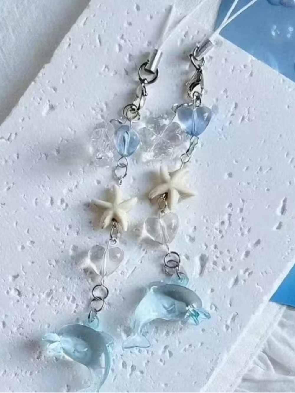 Beach Charm Dolphin & Star Earrings in Pale Blue and White